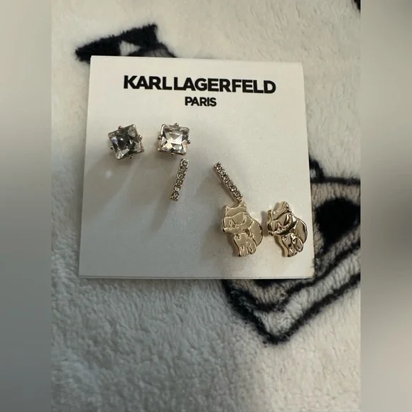 Karl Lagerfeld 3pc Set Crystal & Choupette Stud Earrings - Picture 5 of 6
